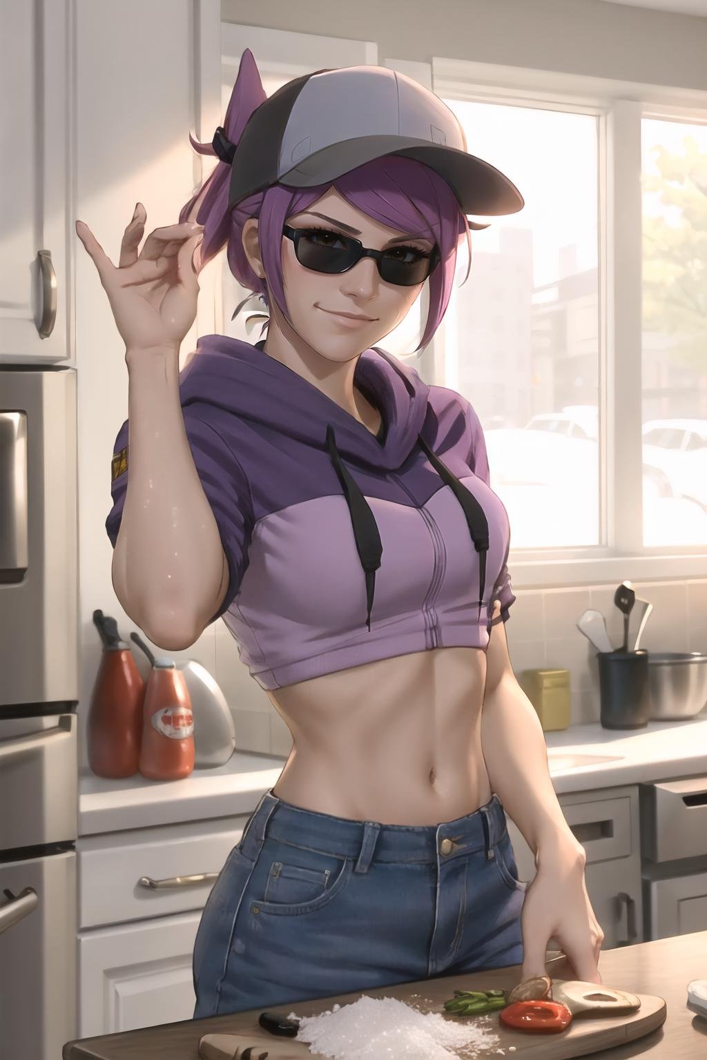 Highly detailed, High Quality, Masterpiece, beautiful, 1girl, solo, SaltBaeMeme, <lora:SaltBaeMeme-10:0.9>, salt, sunglasses, leah, ponytail, baseball cap, purple hoodie, midriff, short sleeves, shorts, <lora:Char_Meme_Leah:1>, kitchen, kitchen knife, glasses, food, smirk, steak, smoke, salt, salt bae \(meme\), 