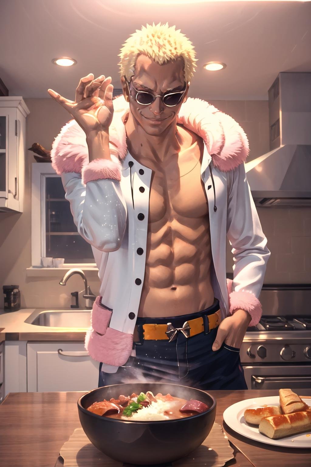 Highly detailed, High Quality, Masterpiece, beautiful, 1boy, solo, SaltBaeMeme, <lora:SaltBaeMeme-10:0.85>, salt, sunglasses, kitchen, food, doflamingo, boa_coat, <lora:Char_OnePeace_Doflamingo:0.7>, grin