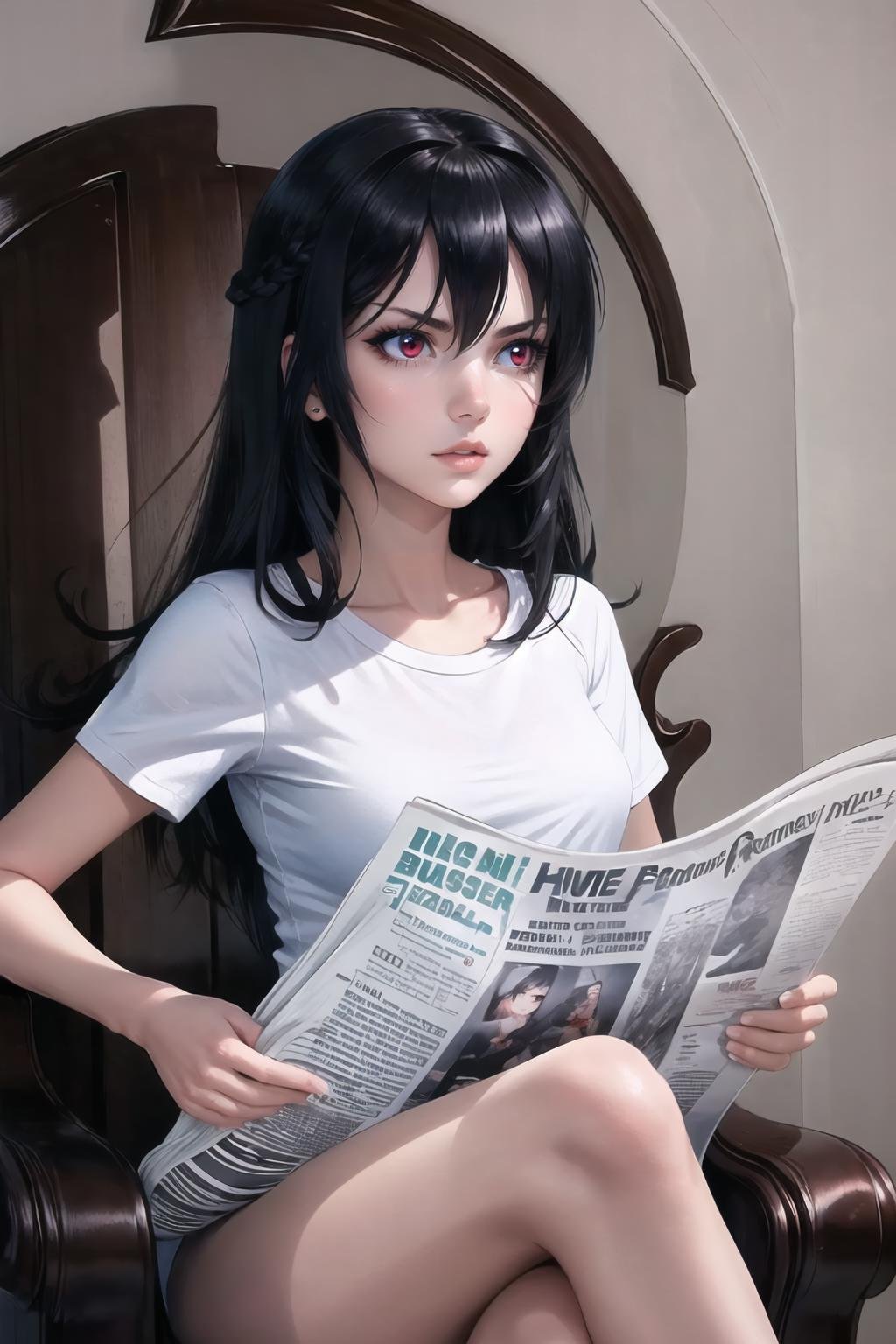 Highly detailed, High Quality, Masterpiece, beautiful, TomReadingTheNewspaper, <lora:TomReadingTheNewspaper-09:1>, 1girl, solo, red eyes, black hair, long hair, shirt, white shirt