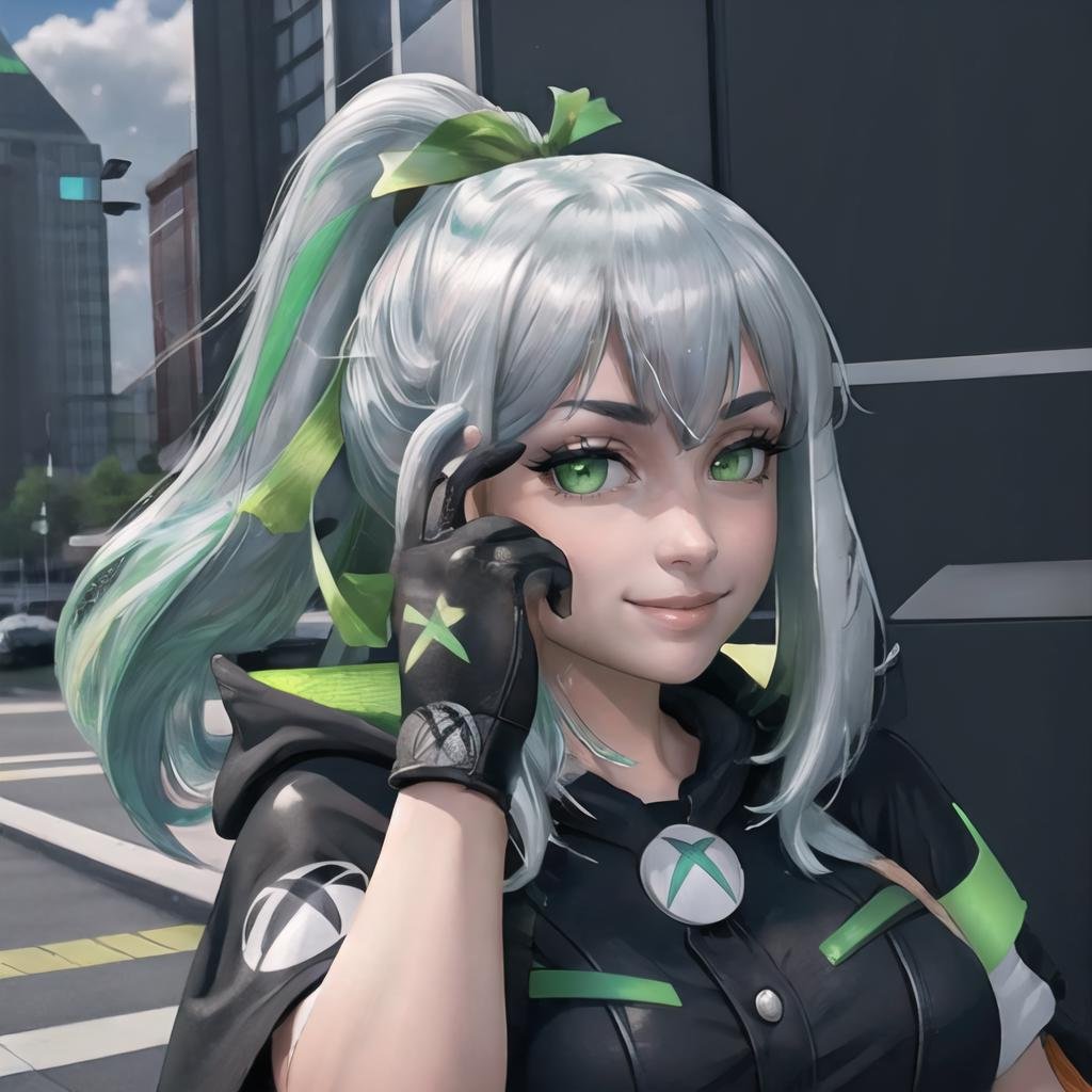 Highly detailed, High Quality, Masterpiece, beautiful, RollSafeMeme, <lora:RollSafeMeme-05:1>, 1girl, solo smile, xbox-chan, ponytail, green hair ribbon, cape, gloves, <lora:Char_Meme_Xboxchan:0.75>