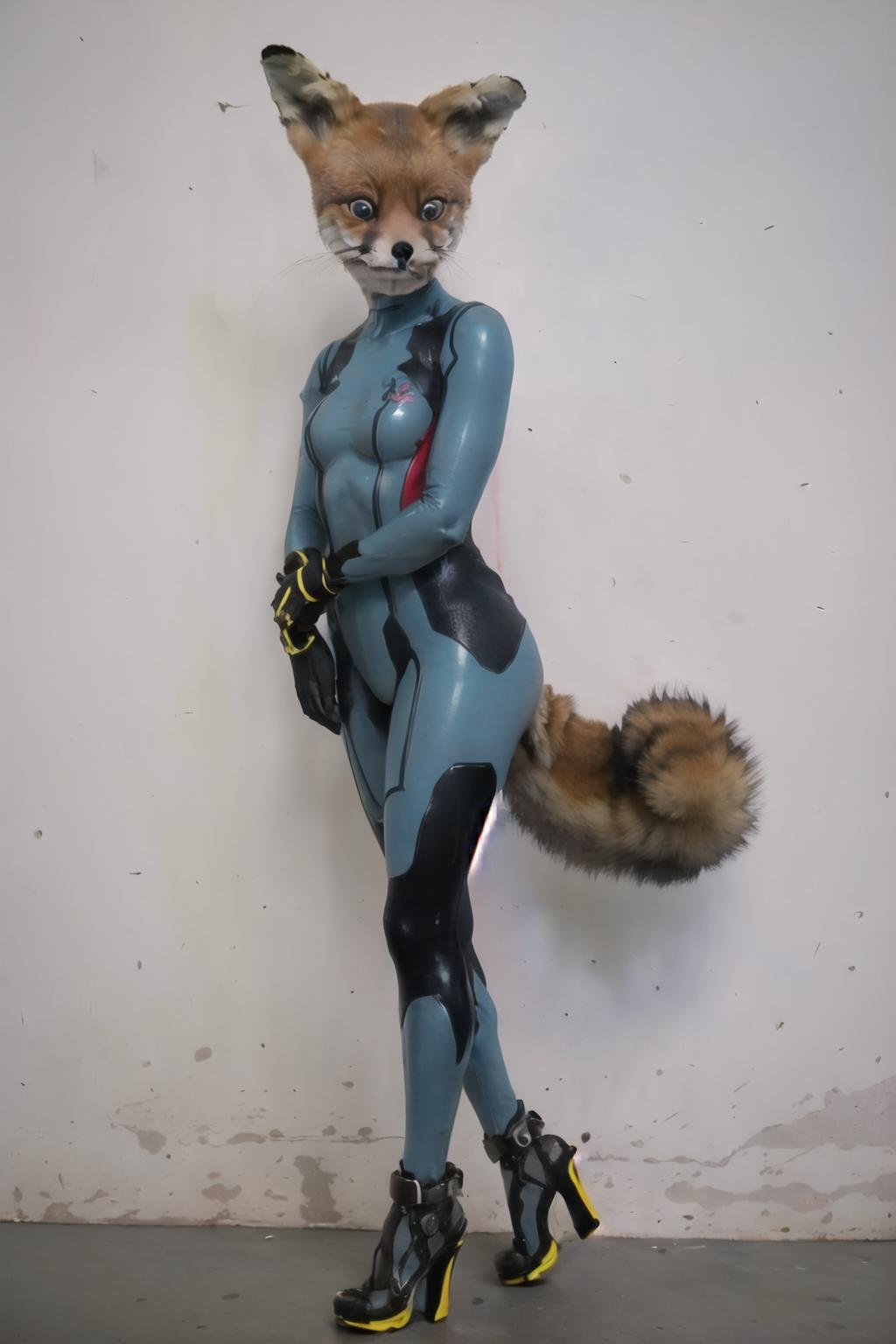 Highly detailed, High Quality, Masterpiece, beautiful, TailsTheFox, <lora:CursedTails-10:1>, zero suit, blue gloves, high heels, <lora:Outfit_ZeroSuit:0.9>, no humans, animal, animal focus, 