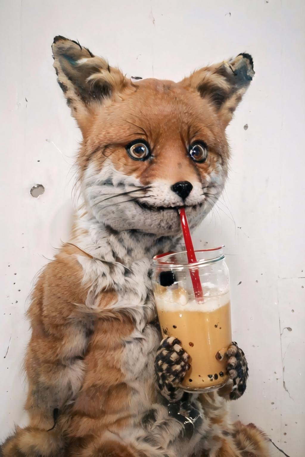 Highly detailed, High Quality, Masterpiece, beautiful, TailsTheFox, <lora:CursedTails-10:1>, no humans, animal, animal focus, boobatea, lips on the straw, drinking through the straw, <lora:boobatea:0.4>