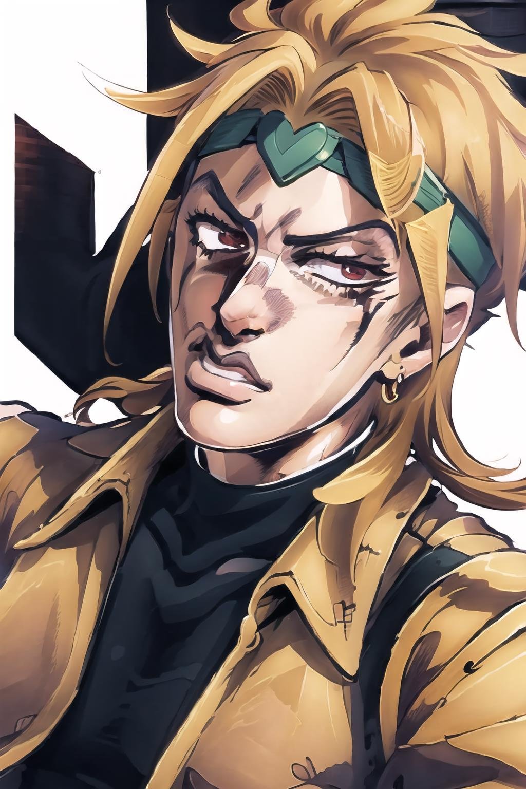 Highly detailed, High Quality, Masterpiece, beautiful, Irefuse, <lora:Irefuse:1>, 1boy, solo, dio, headband,  <lora:Char_Sigmas_Dio:0.9>, close-up, 