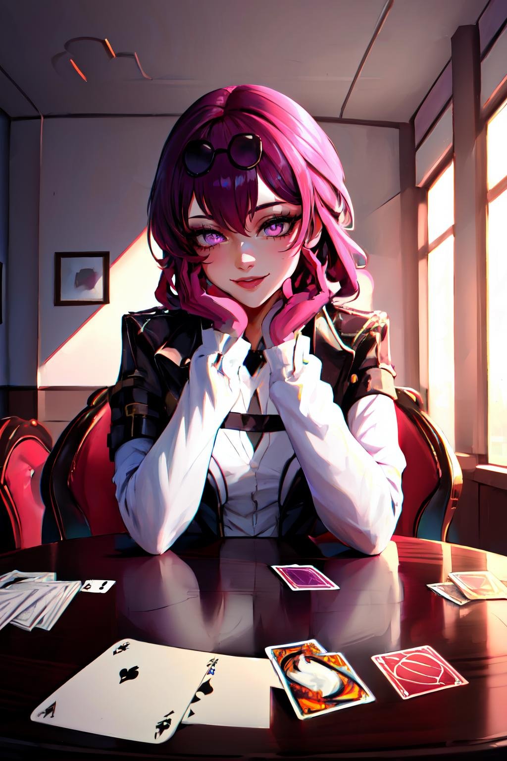 Highly detailed, High Quality, Masterpiece, beautiful, Kafka,  <lora:Kafka:1>, 1girl, solo, jacket, purple eyes, PlayingCards, holding, card, table, holding card, sitting, indoors, playing card, pov across table, <lora:Pos_PlayingCards:0.5>, smirk, bright smile