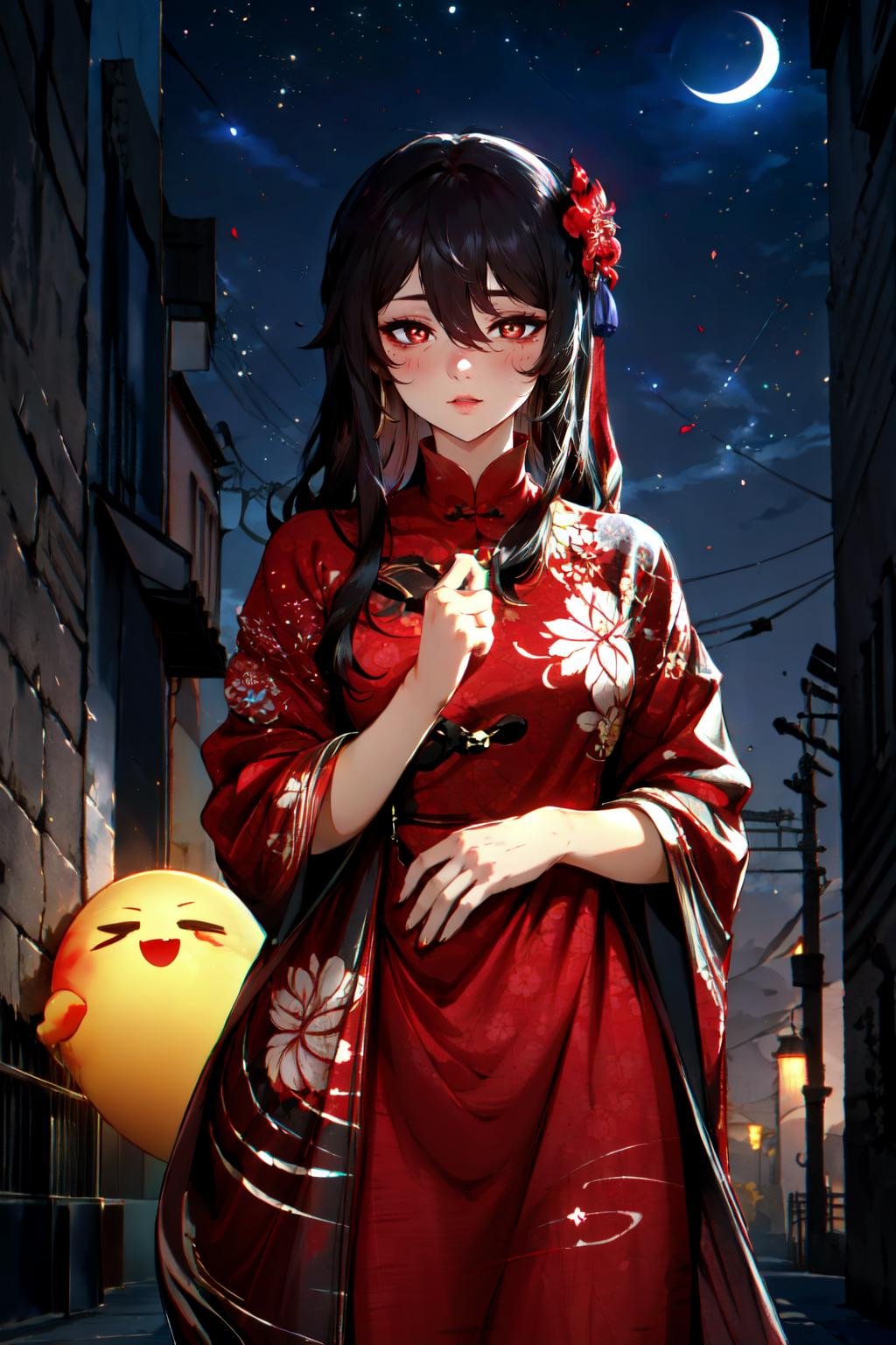 Highly detailed, High Quality, Masterpiece, beautiful, <lora:DarkIncursioStyle:1>, night, (dark environment), wearing wrenchpjbss, dupatta, embroidery, red dress, <lora:Outfit_PunjabiSalwarSuit:1>, outdoors, hu tao (genshin impact), boo tao, flower-shaped pupils, red eyes:1.4, flower, <lora:Char_GenshinImpact_HuTao:0.7>