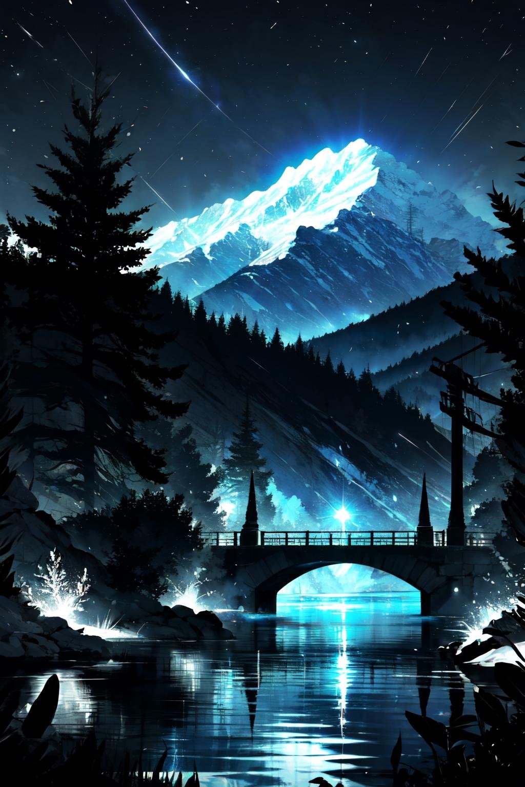 Highly detailed, High Quality, Masterpiece, beautiful, <lora:DarkIncursioStyle:1>, night, (dark environment), mountains, water, trees