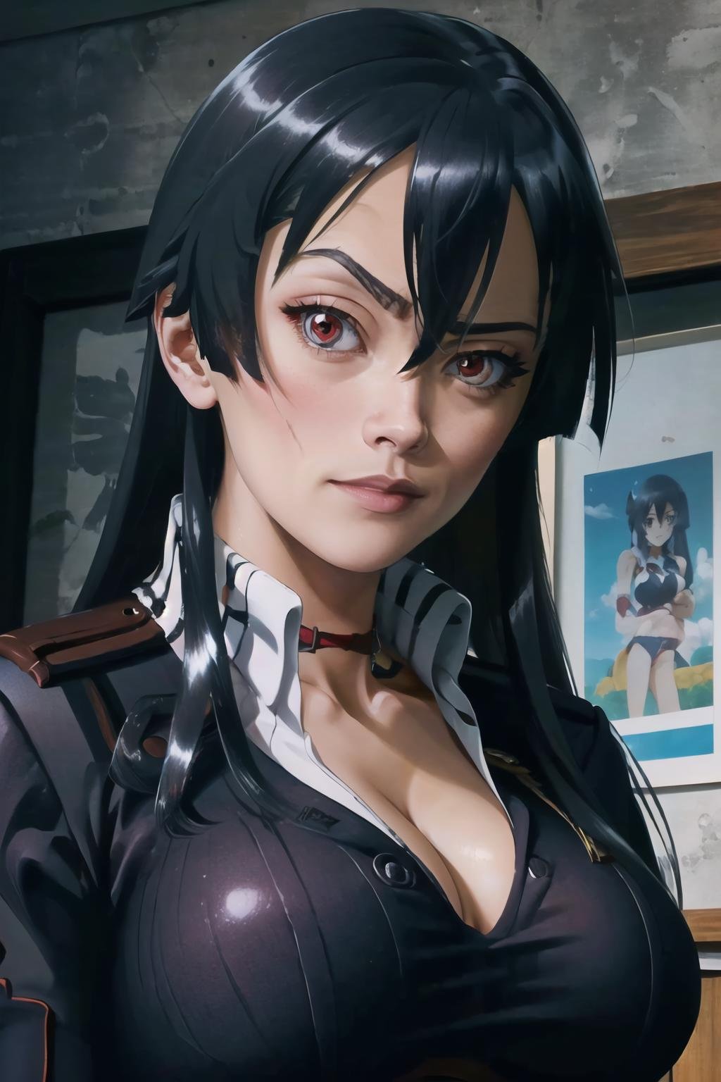 Highly detailed, High Quality, Masterpiece, beautiful, RocksEyebrowRaise, <lora:RocksEyebrowRaise-08:1>, 1girl, solo, portrait, raised eyebrow, thick eyebrows, akame (akame ga kill), <lora:Char_AkameGaKill_Akame:0.9>, red eyes, large breasts, 