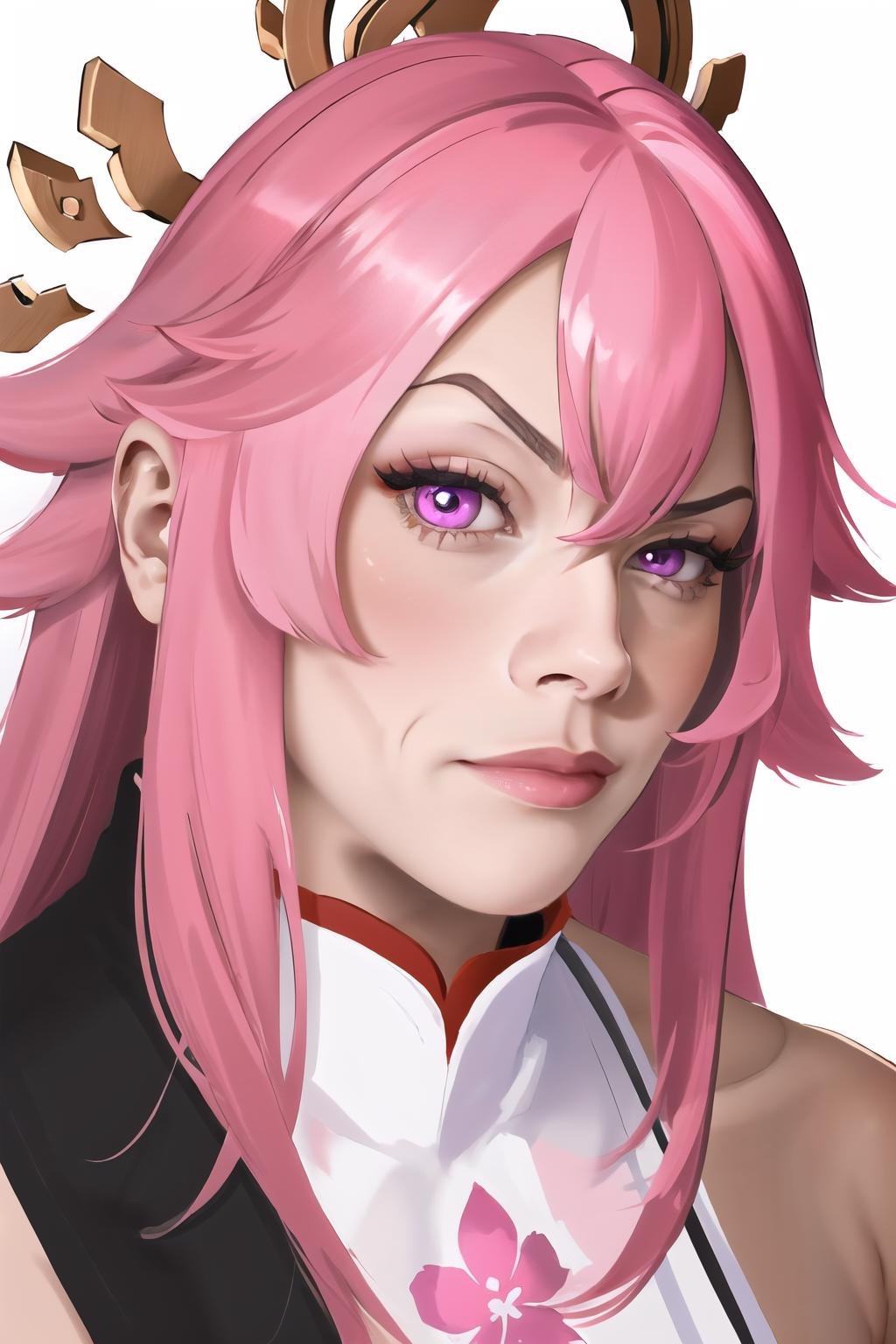 Highly detailed, High Quality, Masterpiece, beautiful, RocksEyebrowRaise, <lora:RocksEyebrowRaise-08:1>, 1girl, solo, portrait, raised eyebrow, thick eyebrows, yae miko, pink eyes, long hair, pink hair, animal ears, <lora:Char_GenshinImpact_YaeMiko:0.75>