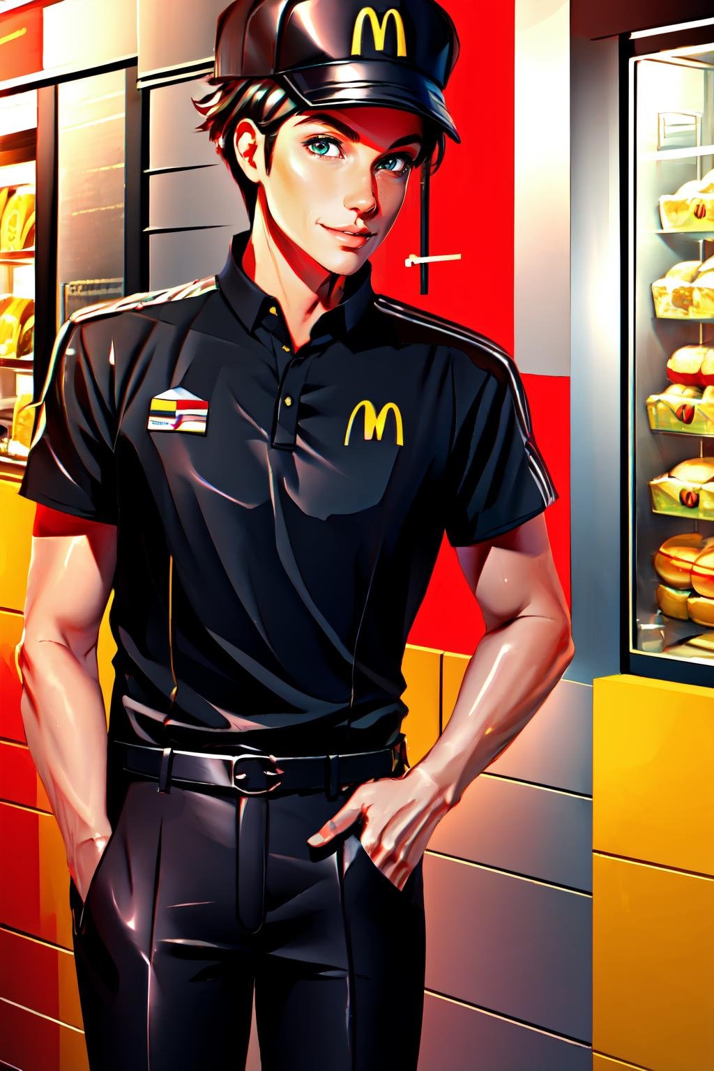 Highly detailed, High Quality, Masterpiece, beautiful, McDonaldsUniform, <lora:McDonaldsUniform-09:1>, 1boy, solo, light smile, shirt, black shirt, uniform, black pants, pants, cap, Inside the drive-thru window, drive-thru window, ClaudePre, <lora:Char_FireEmblem_Claude:0.8>