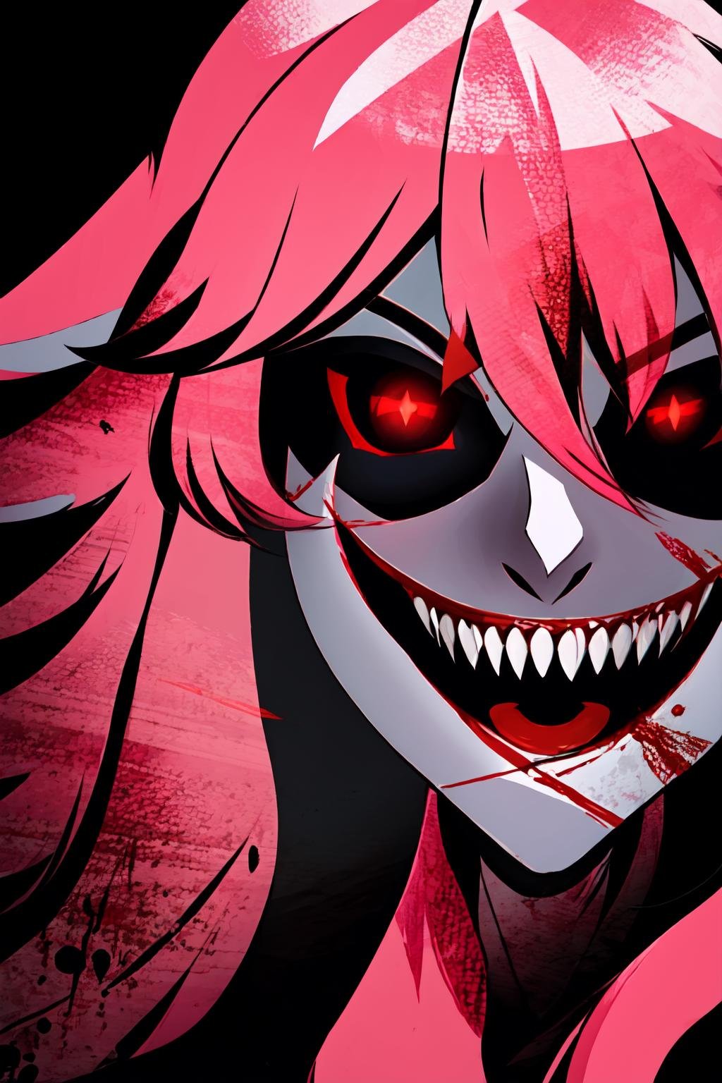 Highly detailed, High Quality, Masterpiece, beautiful, solo, 1girl, Exe,  <lora:Exe-07:1>, teeth, horror (theme), red eyes, smile, sharp teeth, glowing, dark, blood, tongue, grin, glowing eyes, evil smile, black sclera, colored sclera, <lora:Img2Img_BlackSclera:0.8>, cowboy shot, yae miko, long hair, pink hair, animal ears, <lora:Char_GenshinImpact_YaeMiko:1>