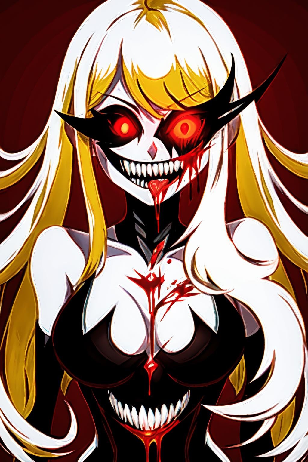 Highly detailed, High Quality, Masterpiece, beautiful, solo, 1girl, Exe,  <lora:Exe-07:1>, teeth, horror (theme), red eyes, smile, sharp teeth, glowing, dark, blood, tongue, grin, glowing eyes, evil smile, black sclera, colored sclera, <lora:Img2Img_BlackSclera:0.8>, Mythra \(xenoblade\), Mythra:1.2, blonde hair, long hair, <lora:Char_Xenoblade_PyraMythraPneuma:0.5>