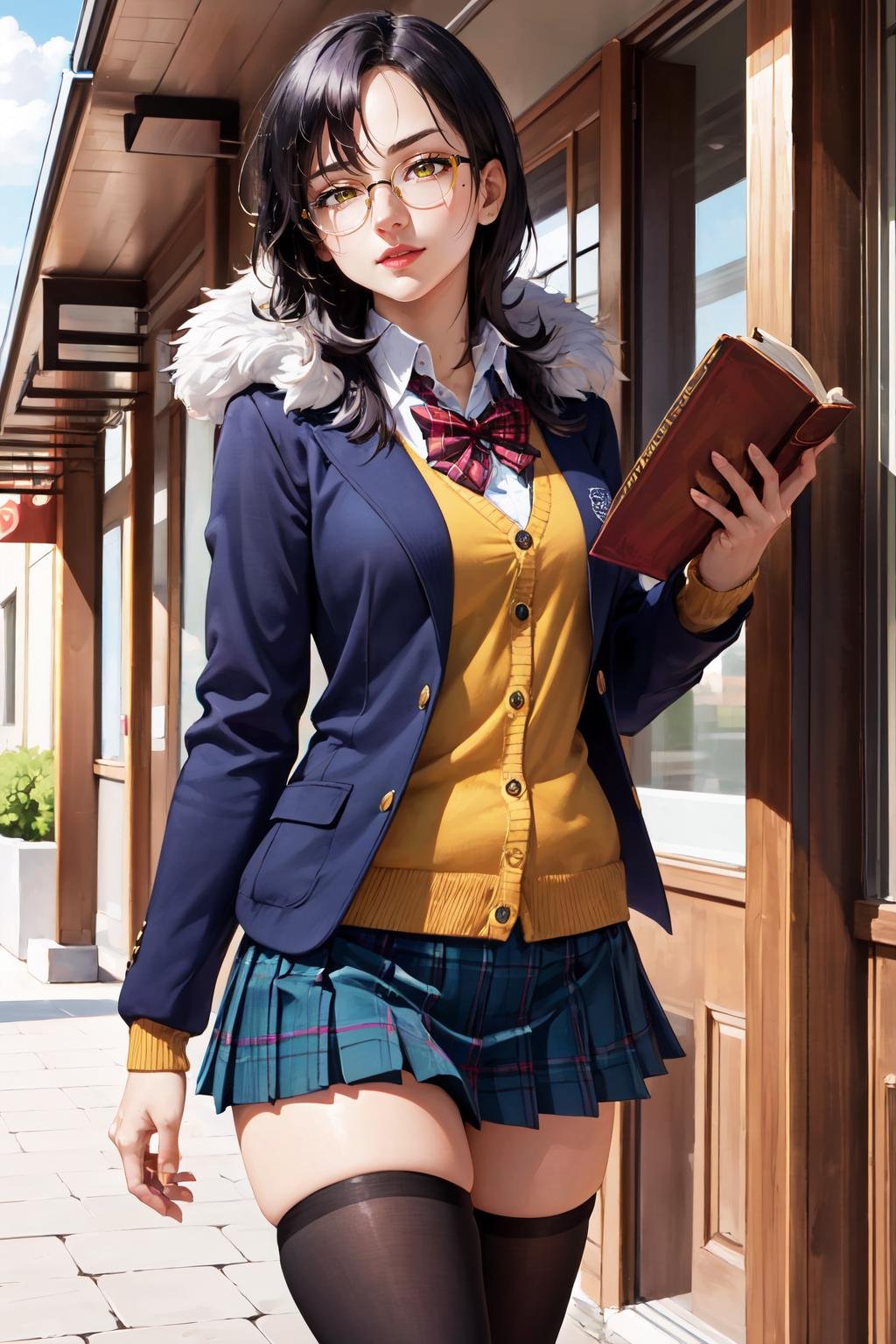 Highly detailed, High Quality, Masterpiece, beautiful, Merlin7DS, <lora:Merlin-06:0.9>, mature female, solo, hair over one eye, mole under eye, blazer, (blue jacket:1.1), red bow, book, green skirt, plaid skirt, pleated skirt, school uniform thighhighs, yellow sweater, cardigan, glasses