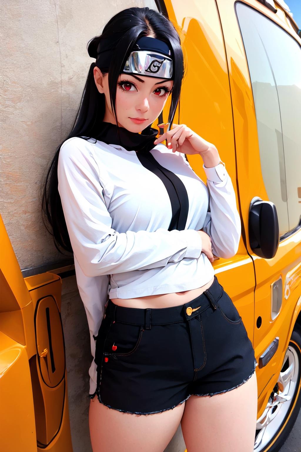 Highly detailed, High Quality, Masterpiece, beautiful, NarutoHeadband, <lora:NarutoHeadband-07:1>, 1girl, solo, cowboy shot, black hair, red eyes, long hair, shirt, white shirt, shorts, short shorts, black shorts