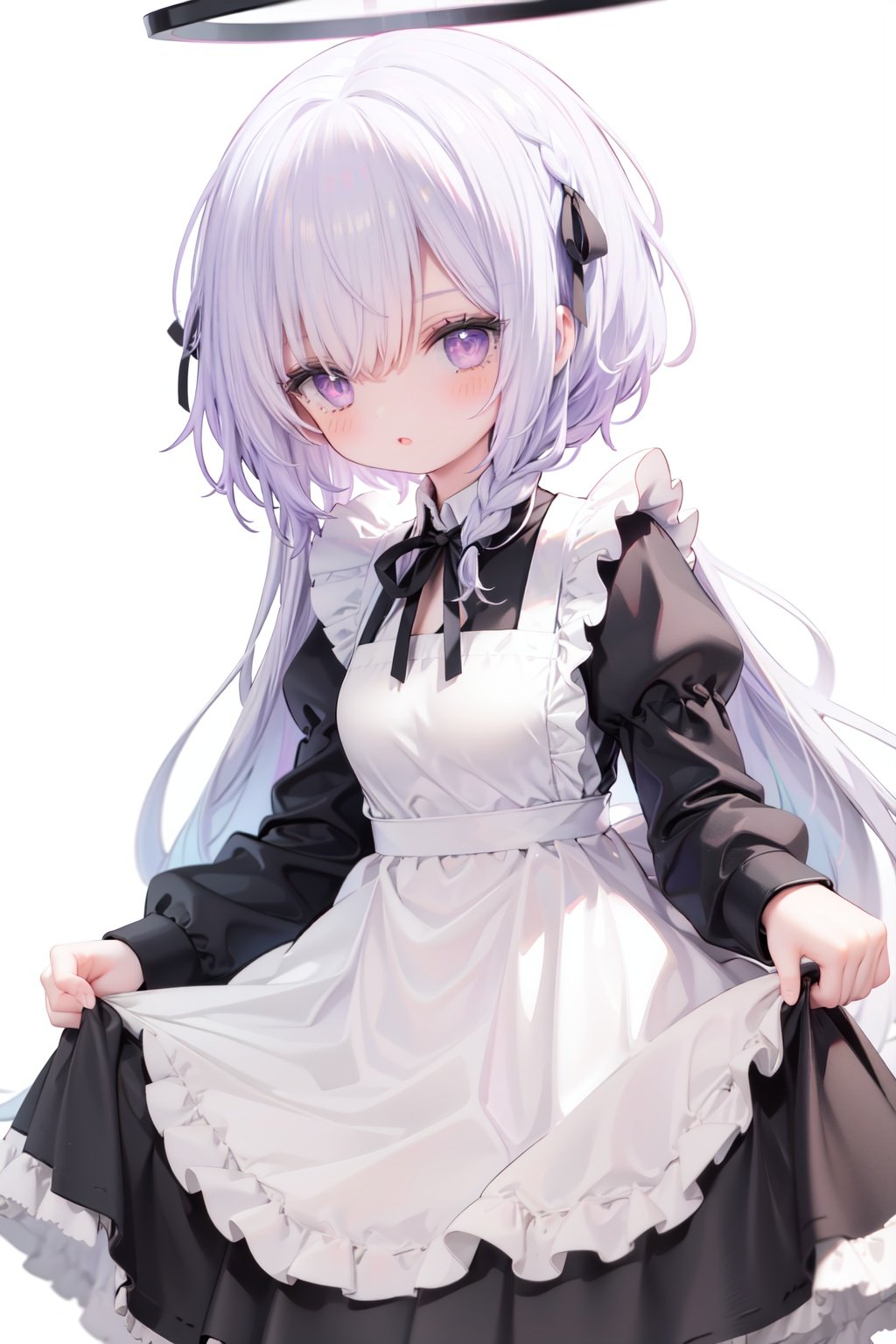 1girl,  solo,  apron,  long hair,  hair over one eye,  white background,  frills,  braid,  halo,  long sleeves,  dress,  simple background,  white hair,  white apron,  puffy sleeves,  very long hair,  frilled apron,  maid,  purple eyes,  ribbon,  parted lips,  maid apron,  bangs,  juliet sleeves,  black dress,  neck ribbon,  looking at viewer,  single braid,  blush