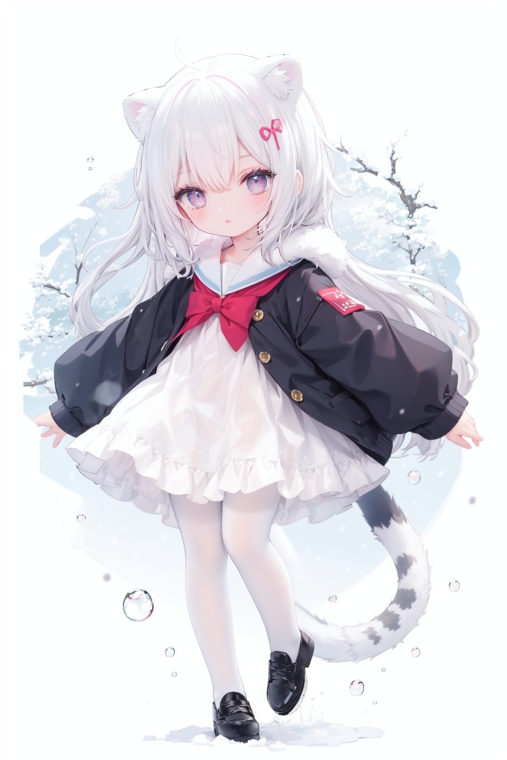 cute,Infant,solo blue shirt,blue sailor coat,loli,full body,white hair,snow leopard ear,white background,pink eyes,laugh,happy,white pantihose,white pantyhose,red armband,