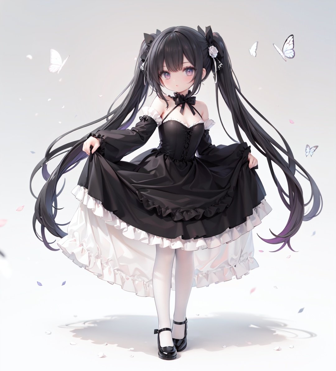 masterpiece, ((best quality)),  dynamic angle, chromatic aberration, ((colorful)),1girl, solo, black hair, long hair, dress, butterfly, bug, twintails, black footwear, lolita fashion, very long hair, pantyhose, black dress, long sleeves, bow, full body, bangs, flower, puffy sleeves, standing on one leg, shoes, white pantyhose, hair bow, looking at viewer, grey eyes, frills, standing, gothic lolita, blush, juliet sleeves, black bow, frilled dress, white flower, rose, closed mouth, skirt hold, petals, wide sleeves, mary janes, white rose