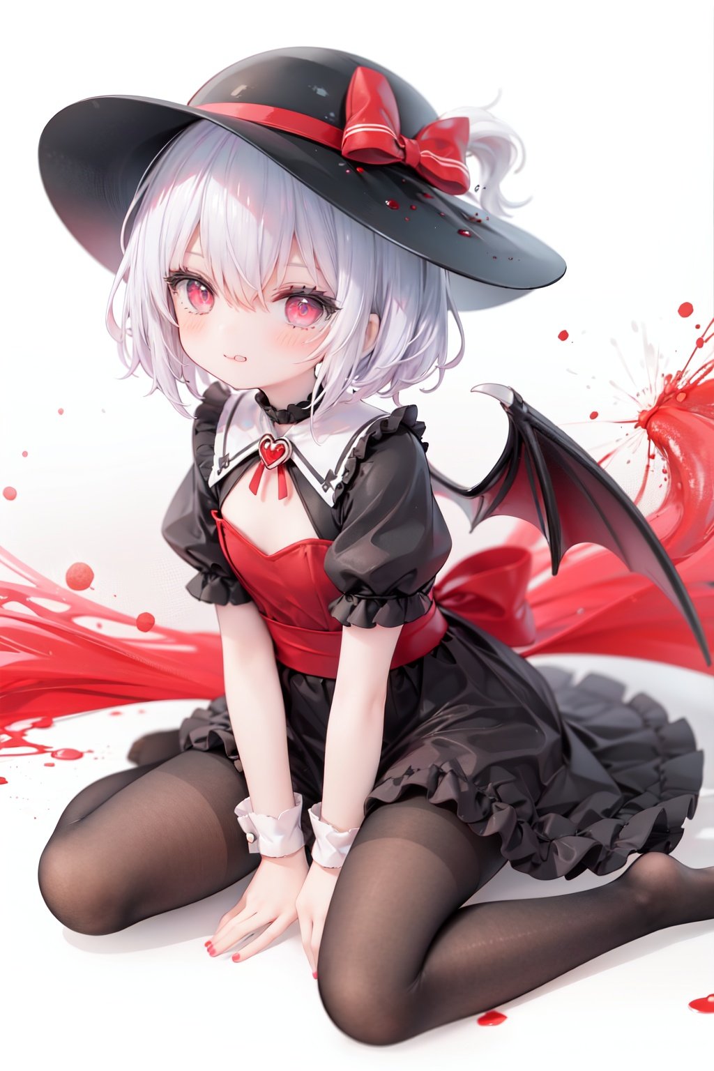 (little girl:1.4), (child:1.4),(petite:1.4), (loli:1.4),,,((solo:1.3)).,1girl, solo, wings, red eyes, hat, remilia scarlet, red background, mob cap, bat wings, ascot, blood, short sleeves, bow, short hair, ribbon, blood on hands, looking at viewer, simple background, full body, puffy sleeves, hat ribbon, blood on face, dress, brooch, red nails, pantyhose, red bow, puffy short sleeves, smile, black pantyhose, wrist cuffs, red ribbon, sitting, jewelry, red ascot, frills, hair between eyes, skirt, white dress, fingernails, sash, shirt, nail polish, no shoes, red theme, sharp fingernails, bangs, tongue, hat bow, grey hair, closed mouth, tongue out, white headwear, slit pupils, blood on clothes, skirt set, hand up, frilled sleeves, invisible chair, white skirt, vampire, frilled shirt collar/.,\nSolo,Battle, {{{{{Slash}}}}},Killing,Attacker,{{Fierce movement}},Ninja,Bloodstain,Core shadow,splatter,{Blood},{{{{Battle scene}}}},angry,Intricate,,{{{Dynamic angle}}},{Stylish pose},{High contrast,Extremely detailed CG unity 8K wallpaper} Sense of movement,blurry background,Kaotic,Lunatic,[[[[[hyper paint, rough design, flat color]]]]],Grin,Whole body,Colorful background,Intricate,Girl wearing black suit,Looking at viewers,{{Stylish}},Persona 5 style art,{{{all out attack(persona 5)}}}