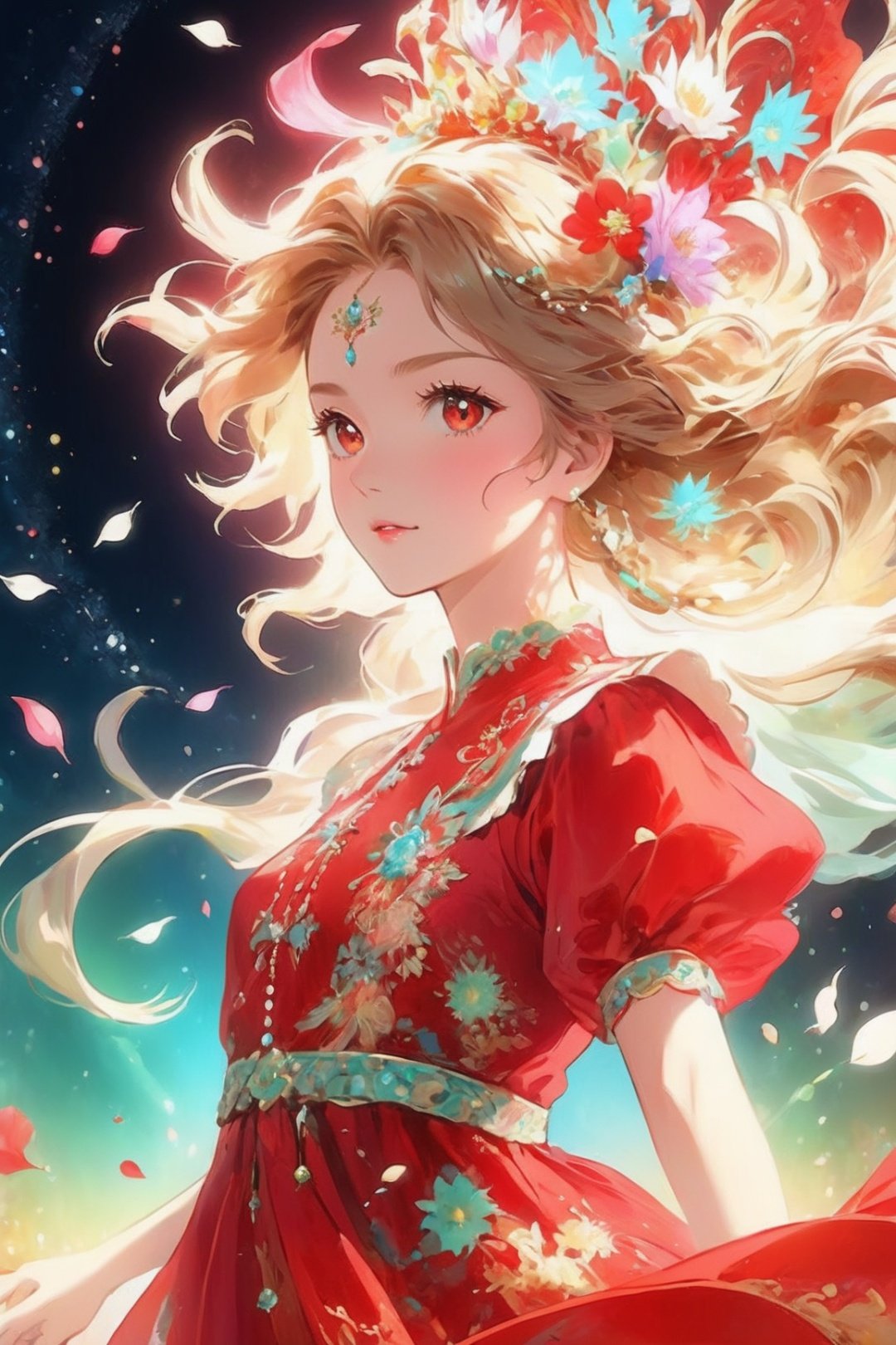 anime,cg,marco shot, best quality,Tenebrism art style, glowing bacteria art elements, intricate Portrait of a jubilant beautiful woman with flowy hair wearing a brocade dress with a silk vibrant red color, hyperdetailed face, hyperdetailed eyes, sharp focus on eyes, 8k UHD, work of beauty and inspiration, flowercore, close-up ,alberto seveso style ,A girl dancing, flower petals flying with the wind ,large full-moon background , glowing fractal art elements ,close-up ,Monster,anitoon style, hazel eyes