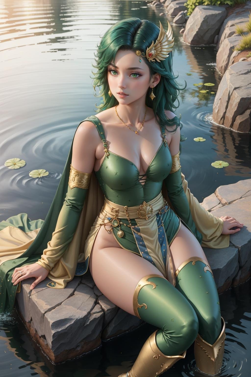 masterpiece, best quality, rydia, green cape, hair ornament, green leotard, belt, detached sleeves, thigh boots, sitting, pond, rocks, vines, sky, from above <lora:rydia-nvwls-v2-000012:0.9>