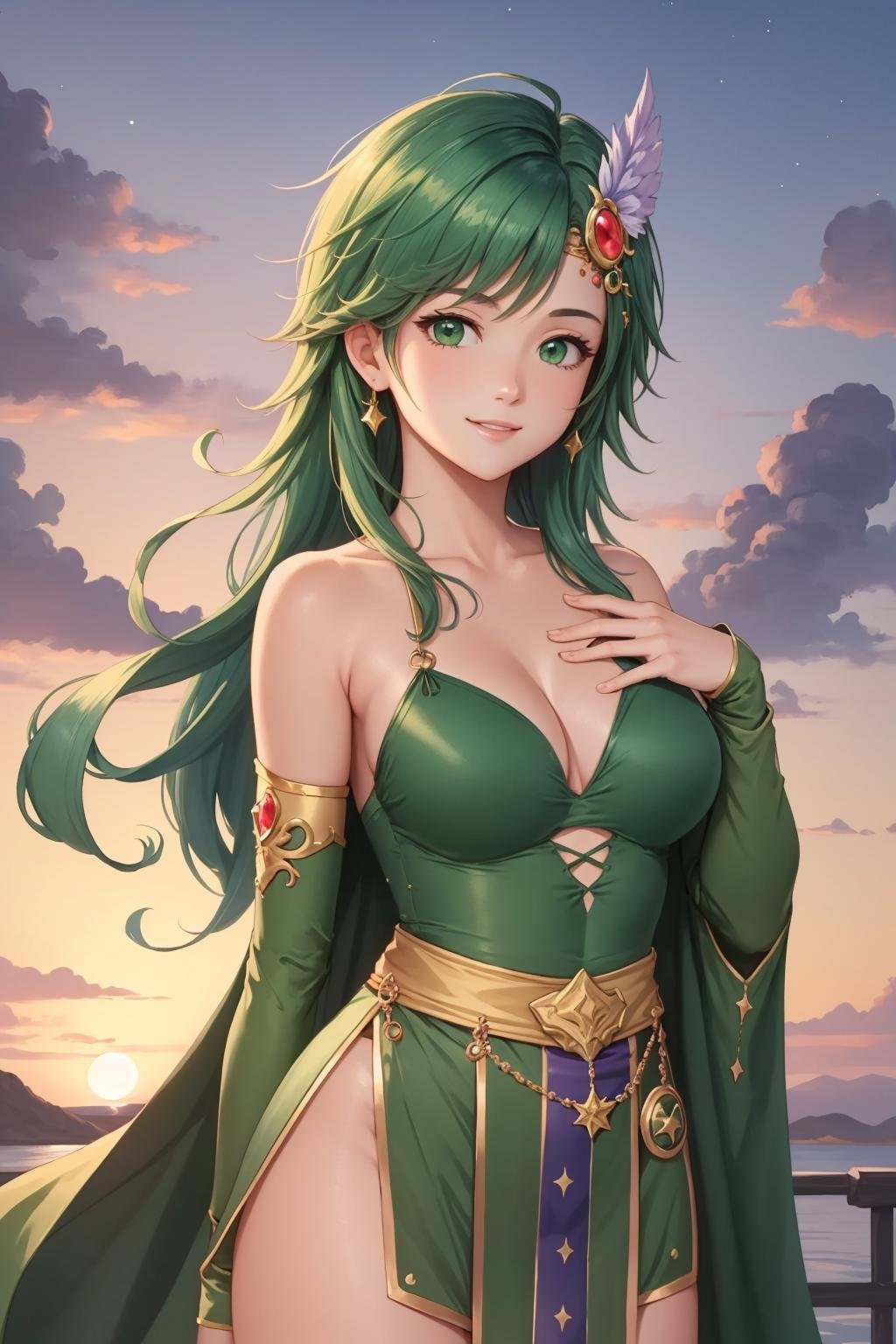 masterpiece, best quality, rydia, green cape, hair ornament, green leotard, belt, detached sleeves, upper body, looking at viewer, serene smile, purple sky, own hands together <lora:rydia-nvwls-v2-000012:0.9>