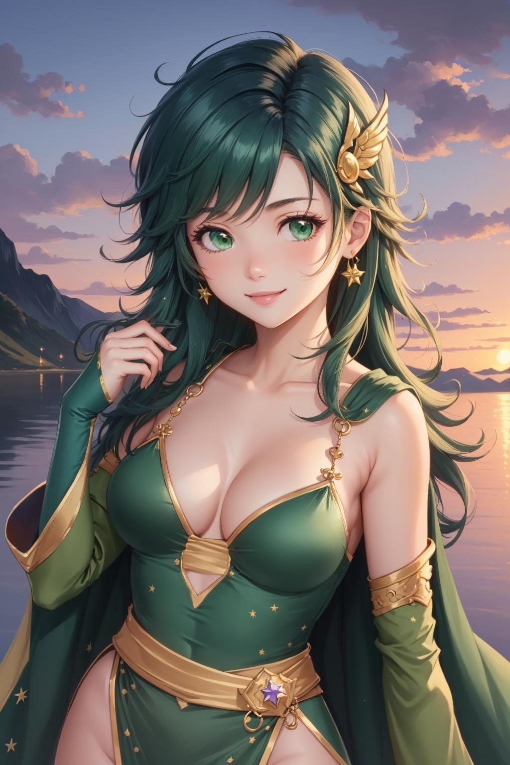 masterpiece, best quality, rydia, green cape, hair ornament, green leotard, belt, detached sleeves, upper body, looking at viewer, serene smile, purple sky, own hands together <lora:rydia-nvwls-v1-final:0.9>