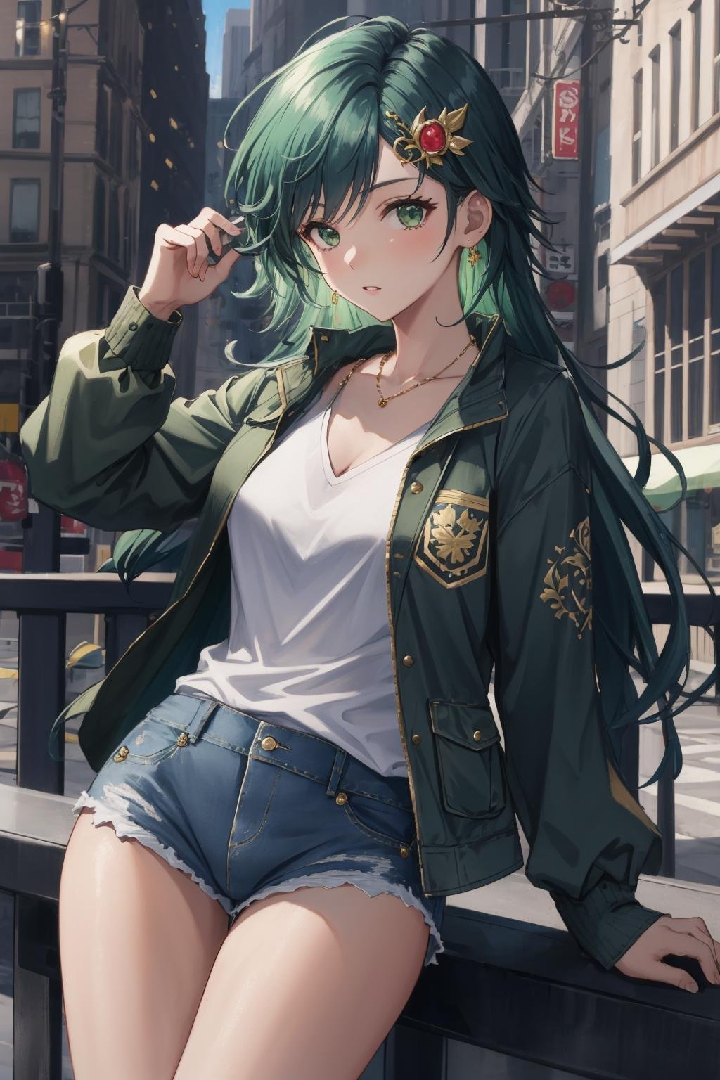 masterpiece, best quality, rydia, hair ornament, green jacket, white shirt, jean shorts <lora:rydia-nvwls-v1-final:0.9>