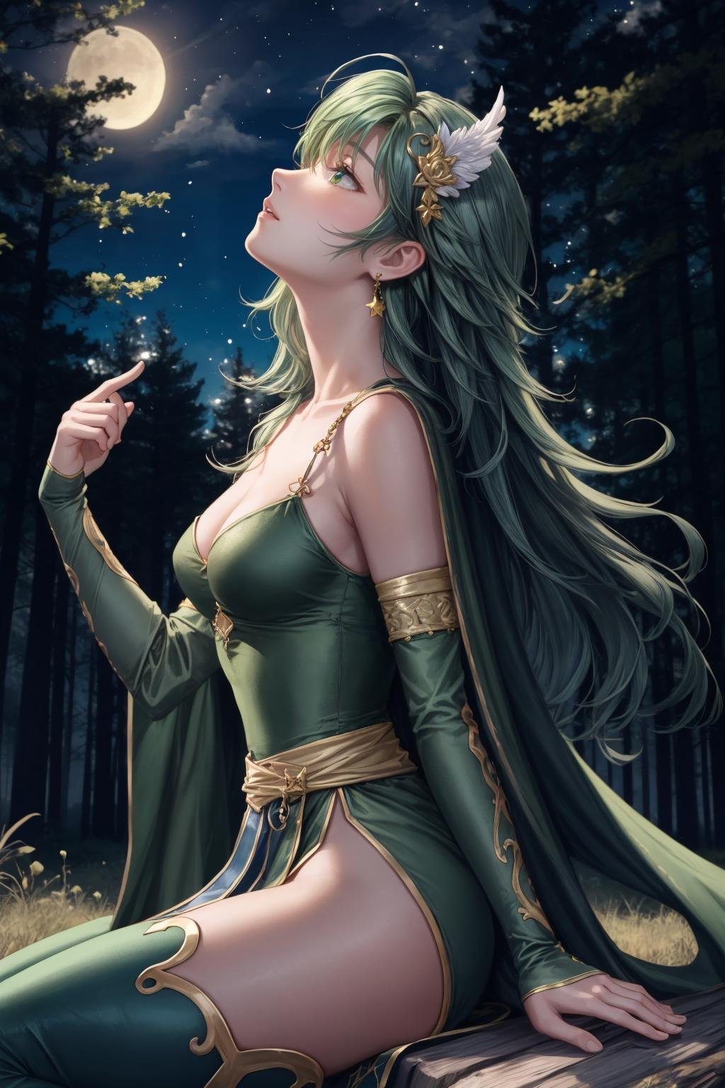 masterpiece, best quality, rydia, green cape, hair ornament, green leotard, belt, detached sleeves, thigh boots, cowboy shot, sitting, from side, looking up, sky, night, stars, forest <lora:rydia-nvwls-v2-000012:0.9>