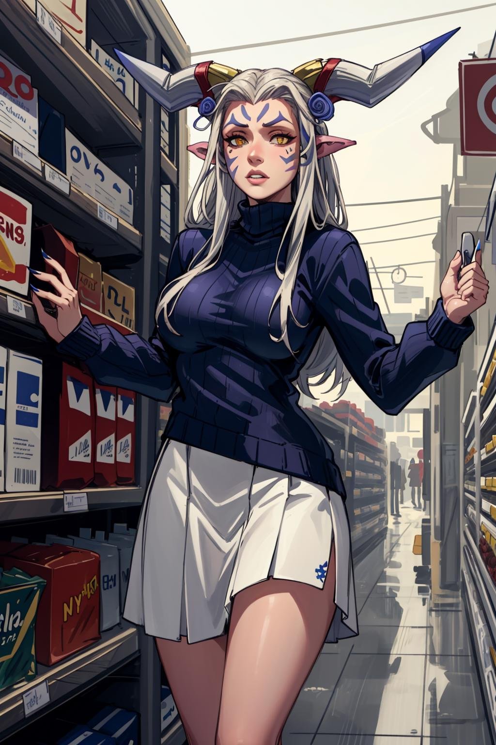 masterpiece, realistic, hyperrealistic, best quality, ultimecia, horns, facial marks, blue sweater, white skirt, claws, grocery store, shopping<lora:ultimecia-nvwls-v1:0.9>