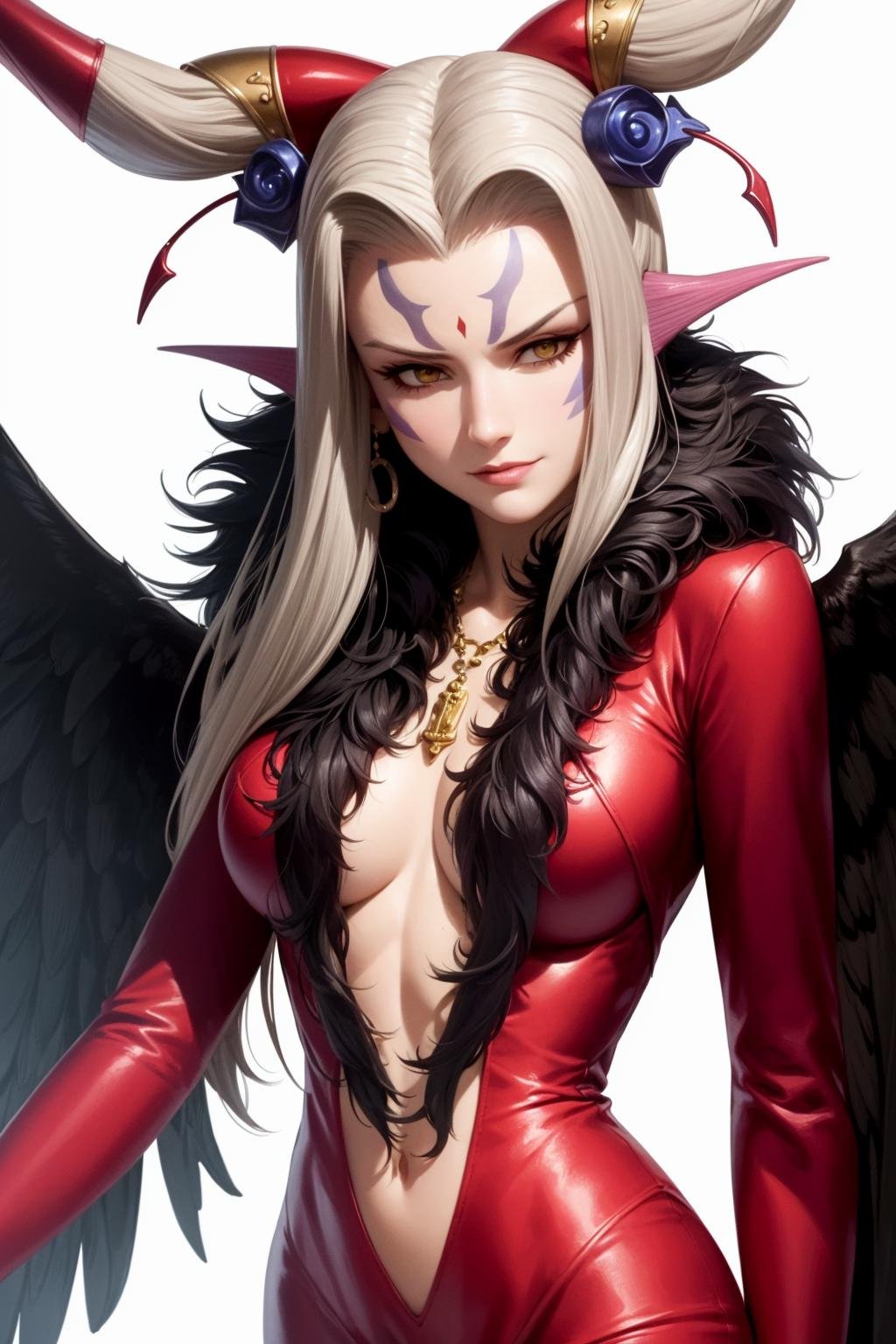 masterpiece, realistic, hyperrealistic, best quality, ultimecia, horns, red dress, plunging neckline, feather trim, black wings, facial marks, claws, upper body, smirk <lora:ultimecia-nvwls-v1:0.9>