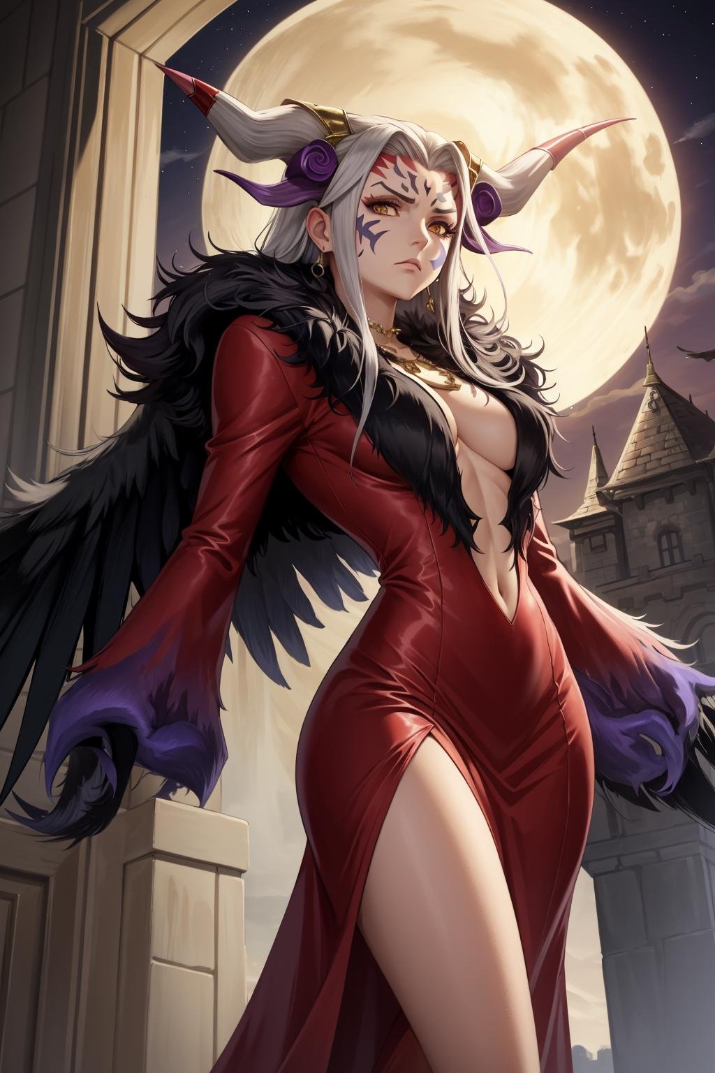 masterpiece, best quality, ultimecia, horns, red dress, plunging neckline, feather trim, black wings, facial marks, claws, furrowed brow, disdain, looking at viewer, castle foyer, night <lora:ultimecia-nvwls-v1:0.9>