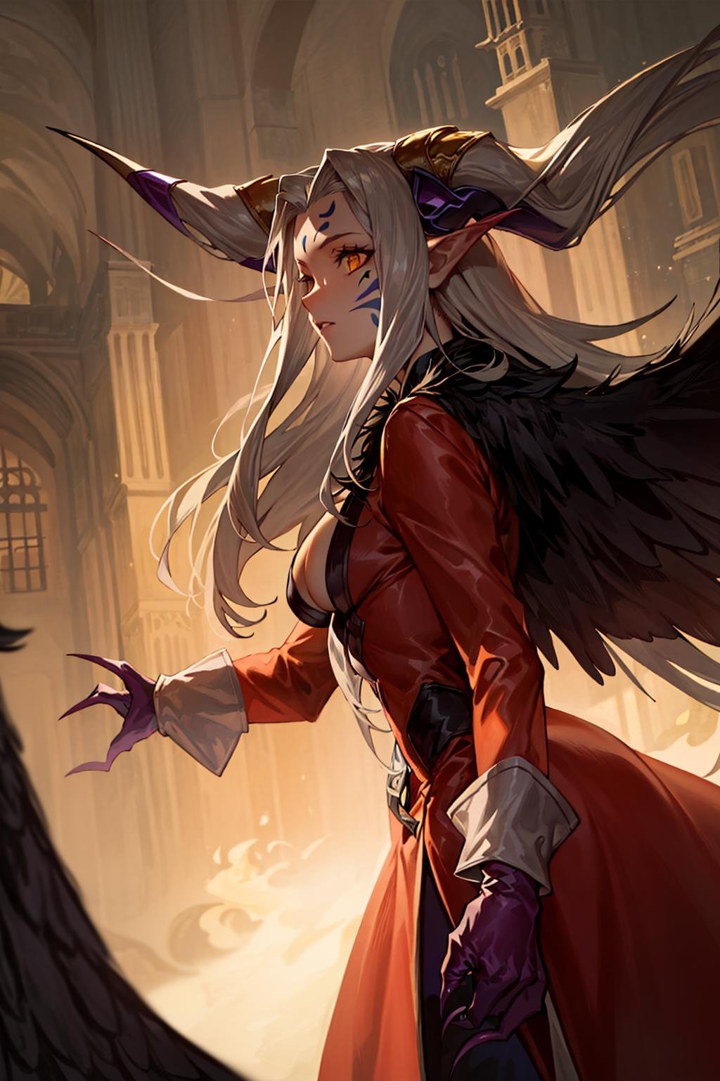 masterpiece, realistic, hyperrealistic, best quality, ultimecia, horns, red dress, plunging neckline, feather trim, black wings, facial marks, claws, chiaroscuro shading, night, gothic architecture, castle interior, standing, from side, upper body <lora:ultimecia-nvwls-v1:0.9>