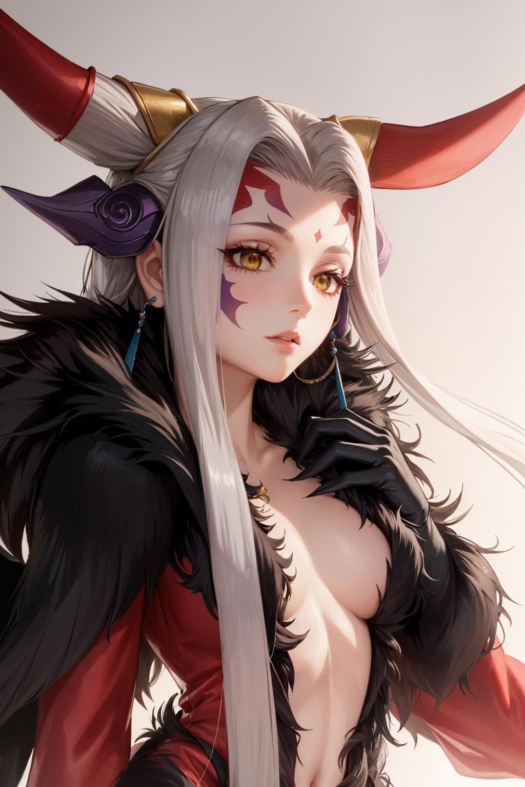 masterpiece, best quality, ultimecia, horns, red dress, plunging neckline, feather trim, black wings, claws, upper body, facial marks <lora:ultimecia-nvwls-v1:0.9>