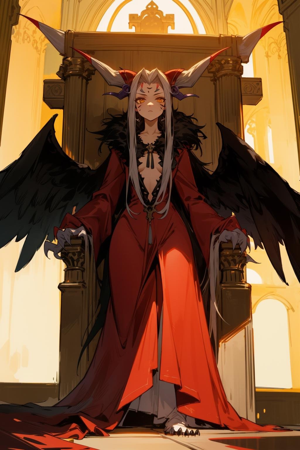 masterpiece, best quality, ultimecia, horns, red dress, plunging neckline, feather trim, black wings, facial marks, claws, gothic architecture, throne room, chiaroscuro shading, night, standing, looking at viewer, facing forward, wide shot <lora:ultimecia-nvwls-v1:0.9>