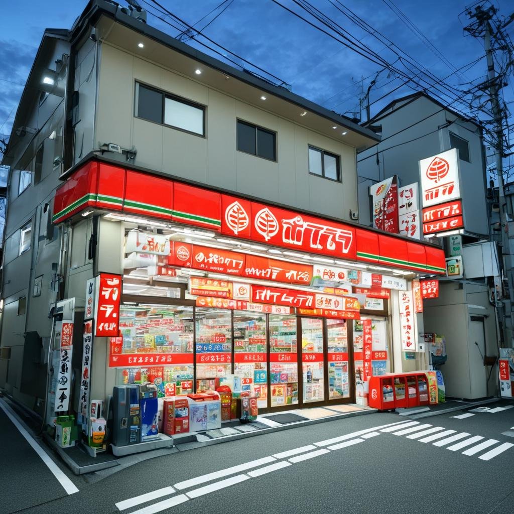 masterpiece, best quality, ultra-detailed, illustration,popura, konbini, scenery, storefront, japan, scenery, convenience store, shop, road, outdoors, street, night, night sky,  <lora:popura_storefront_SDXL_V1:1>