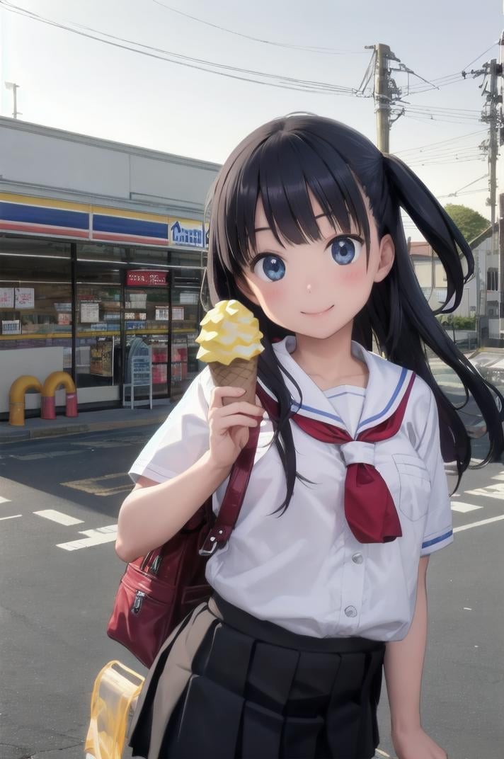 best quality, ultra-detailed, illustration,1girl,solo, black hair, long hair, school uniform, school bag, happy, smile, holding, soft serve, ice cream cone, looking at viewer, upper body, ministop, konbini, scenery, storefront, japan, bicycle, outdoors, road, power lines, utility pole, building, car, sign, street, shop, sky, realistic, <lora:MINISTOP_JAPAN_SD15_V1:0.8>