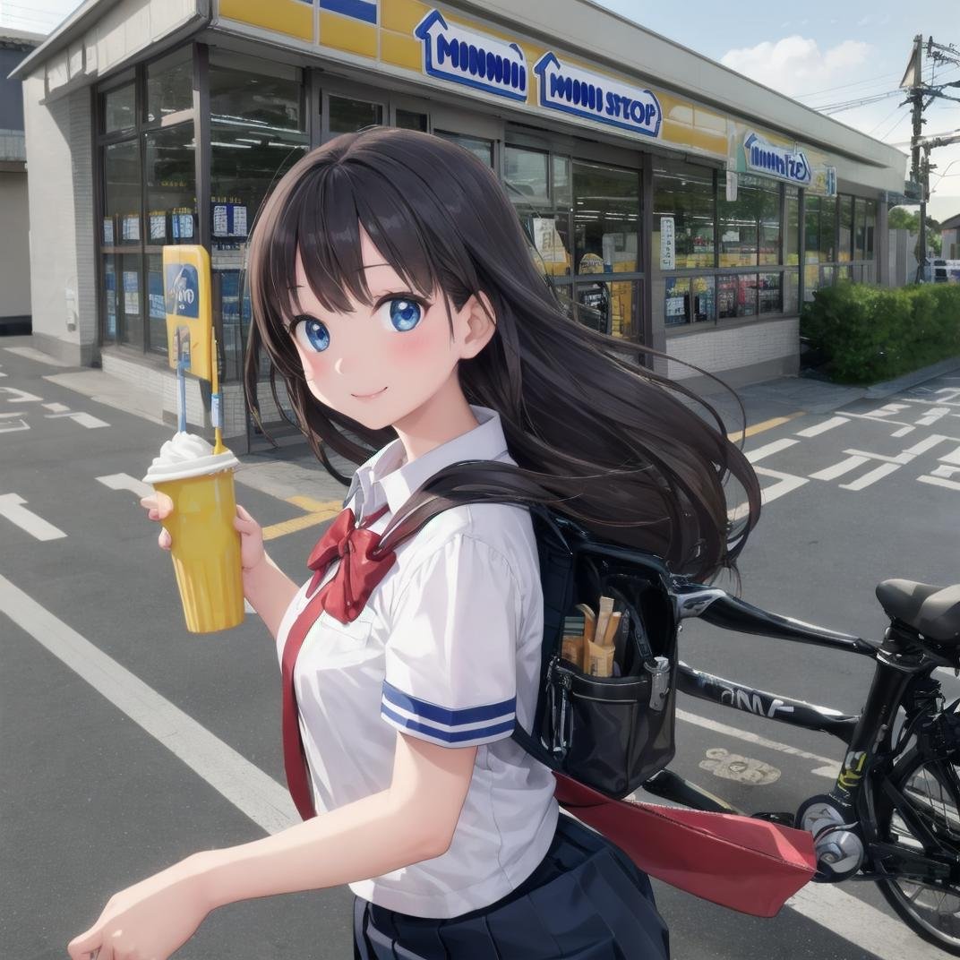 best quality, ultra-detailed, illustration,1girl,solo, black hair, long hair, school uniform, school bag, happy, smile, holding, soft serve, ice cream cone, looking at viewer, upper body,ministop, konbini, scenery, storefront, japan, bicycle, outdoors, road, power lines, utility pole, building, car, sign, street, shop, sky, realistic,<lora:MINISTOP_JAPAN_SD15_V1:0.8>