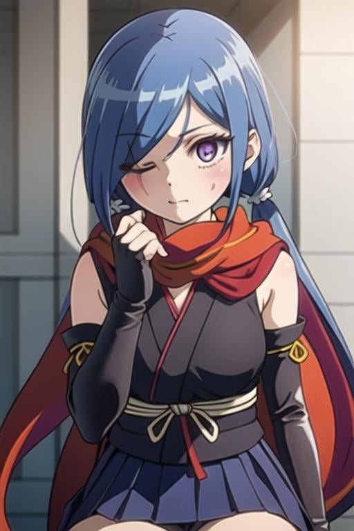 <lora:YukiHanzomon:1>, masterpiece, best quality, 1girl, blue hair , elbow gloves , fingerless gloves, gloves , long hair, low twintails, miniskirt , ninja, one eye closed , red scarf , scar, scar across eye, scar on face, scarf , short kimono ,skirt, solo, twintails, purple eyes, hair over one eye, cape