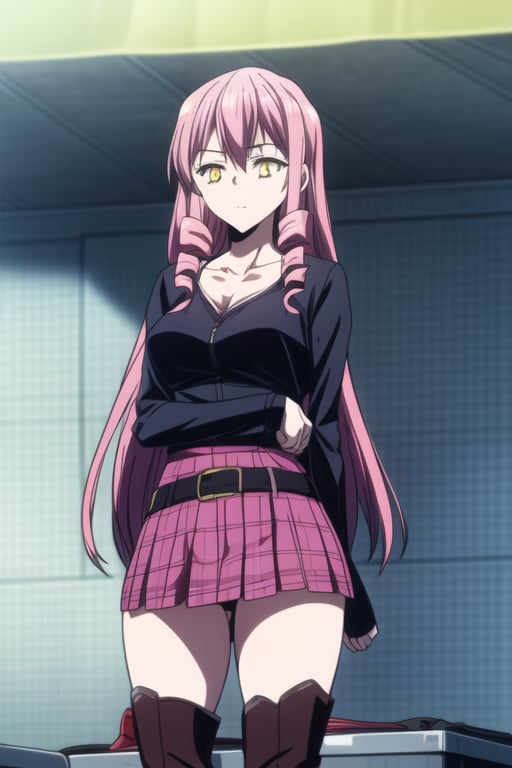 masterpiece, best quality, 1girl, solo,black belt, collarbone, miniskirt, neck warmer, pink hair, plaid skirt, purple skirt, thigh boots,twin drills, long hair, yellow eyes, black shirt, 