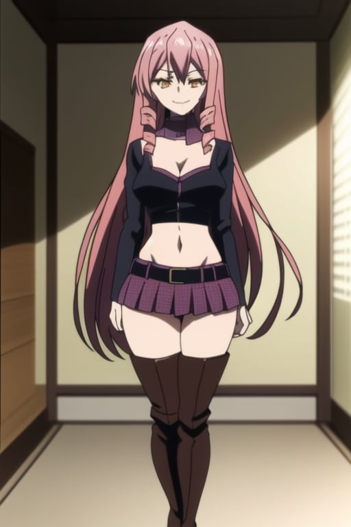 masterpiece, best quality, isukeinukai, miniskirt, thick thighs, brown footwear, thigh boots, evil smile, 