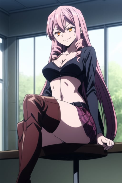 masterpiece, best quality, solo,black belt, boots, breasts, collarbone, miniskirt, neck warmer, pink hair, plaid skirt, purple skirt, thigh boots,twin drills, long hair, orange eyes, thick thighs, sitting, smug, 