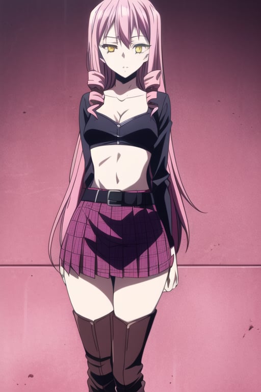 masterpiece, best quality, 1girl, solo,black belt, collarbone, miniskirt, neck warmer, pink hair, plaid skirt, purple skirt, thigh boots,twin drills, long hair, yellow eyes, (blood, wounds, )