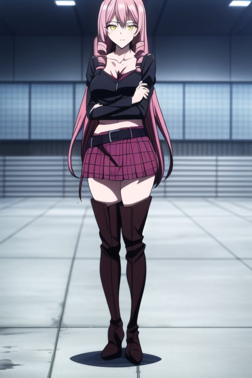 masterpiece, best quality, 1girl, solo,black belt, collarbone, miniskirt, neck warmer, pink hair, plaid skirt, purple skirt, thigh boots,twin drills, long hair, yellow eyes, (blood, wounds, )