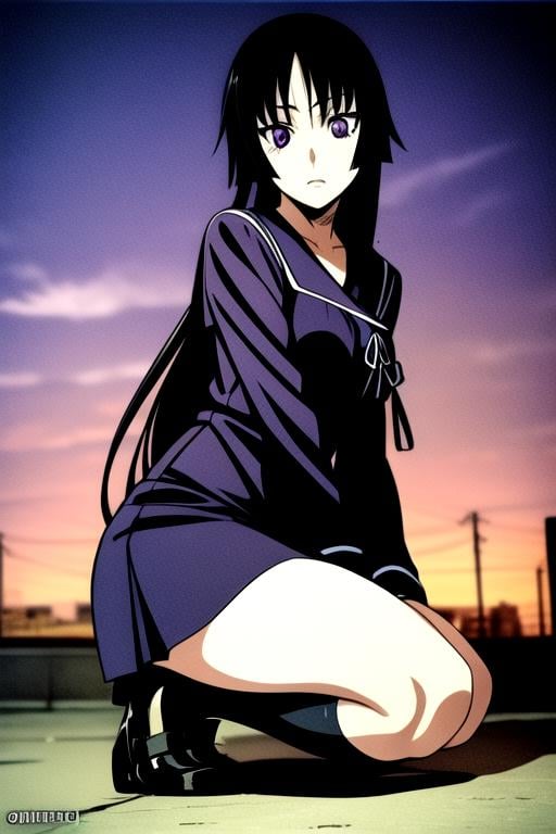 <lora:isayama yomi:1> ,<lora:add_detail:0.5>, Masterpiece, best quality, isayama yomi, 1girl, black serafuku, long hair, long sleeves, neck ribbon, purple eyes, sailor collar, school uniform, black hair, solo, kneehighs, city, thick thighs, miniskirt, seiza, shoes,