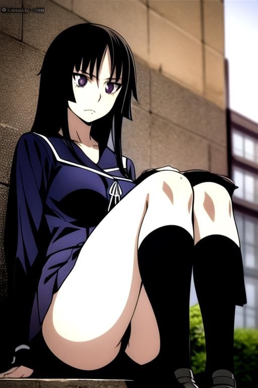 <lora:isayama yomi:1> ,<lora:add_detail:0.5>, Masterpiece, best quality, isayama yomi, 1girl, black serafuku, long hair, long sleeves, neck ribbon, purple eyes, sailor collar, school uniform, black hair, solo, kneehighs, city, thick thighs, miniskirt, sitting, shoes,