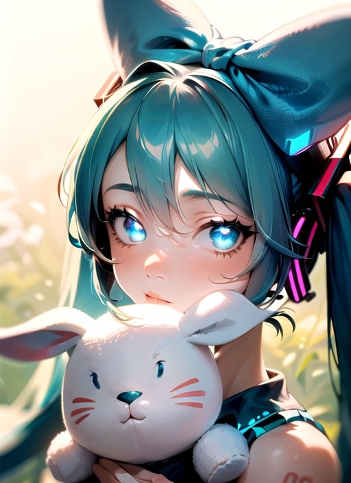 masterpiece, good lighting, perfectly detailed, best quality, masterpiece, perfectly detailed, (Hatsune Miku, glowing eyes), (Cinnamon Miku, bow on head, glowing eyes, rabbit doll with bow on head), , , ,HeadpatPOV,AGGA_STH001