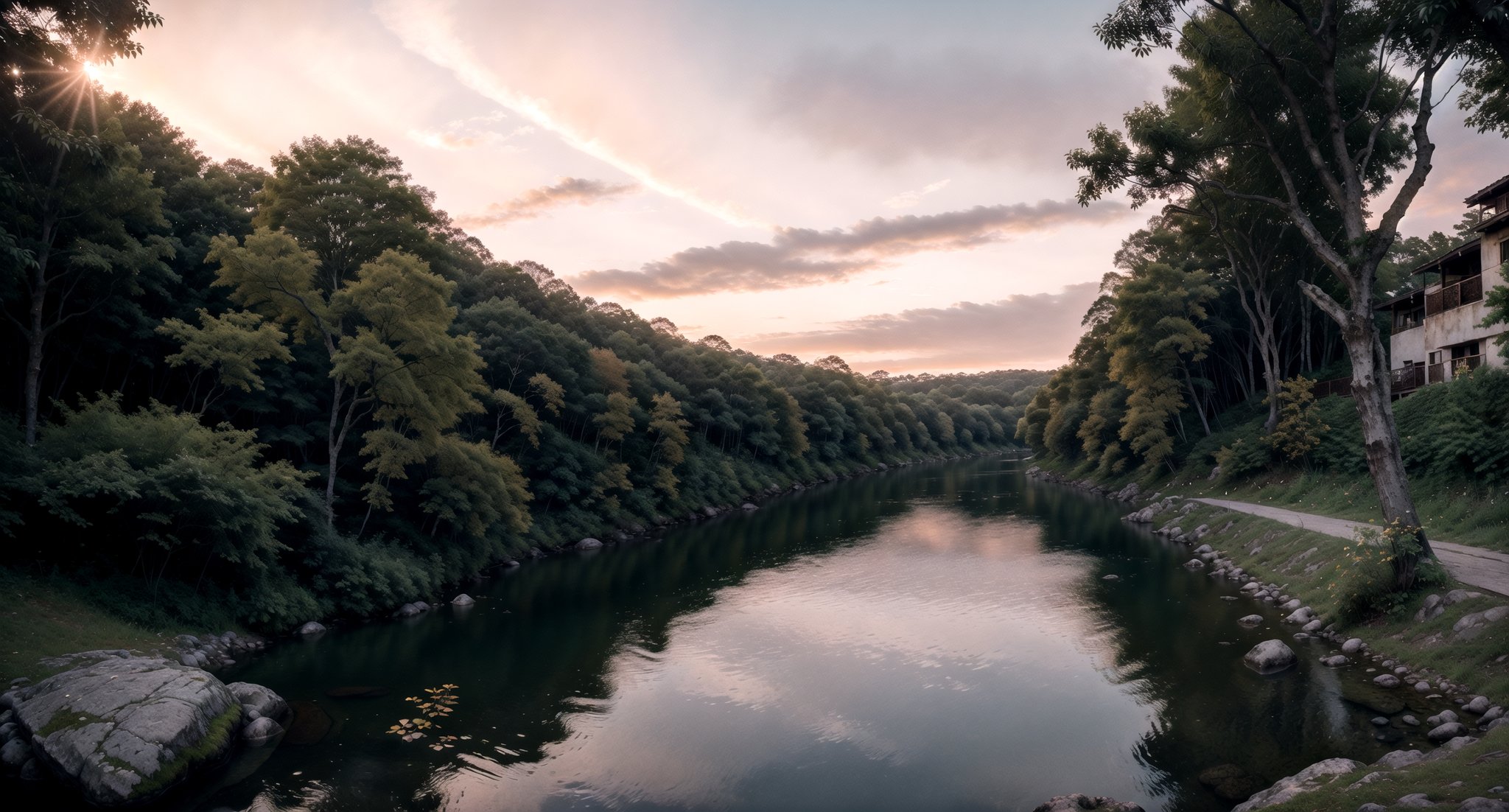 centered, photography, raw photo, | sunset cozy forest, trees, leaf, river, riverflow, rock path, | aesthetic vibe, sunset ilumination, blue and pink color shade, | bokeh, depth of field, 