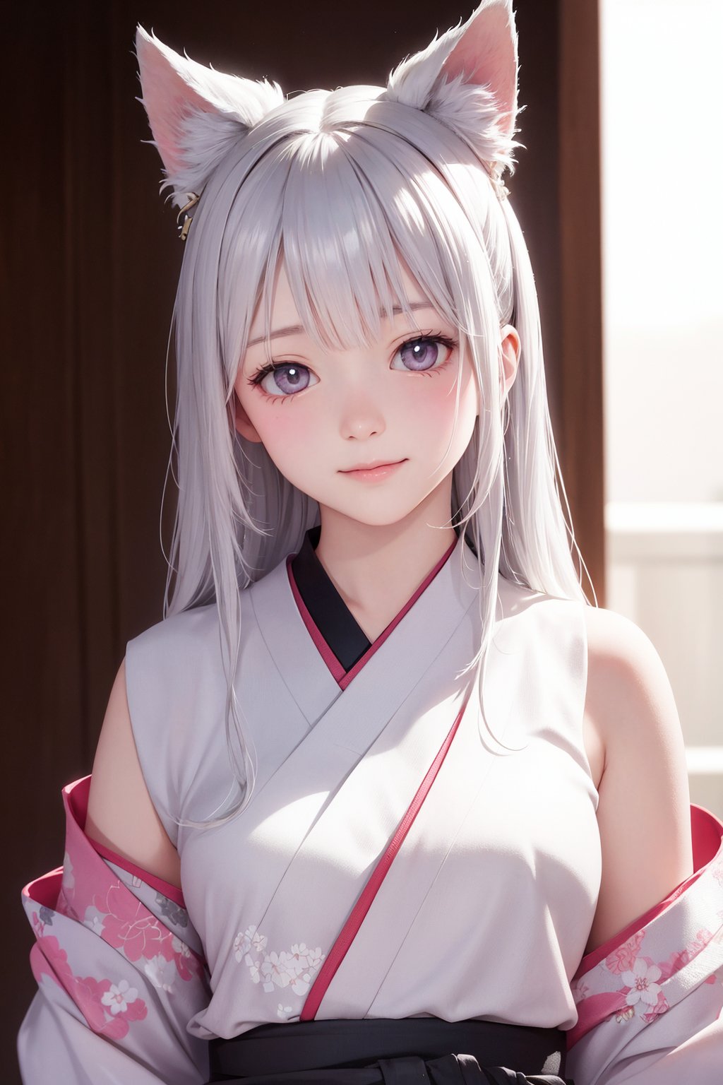 portrait, (photorealistic:1.4), (RAW photo:1.3) BREAK, absurdres ,high res, ultimate detailed, high-resolution in elaborateness BREAK (1 very cute girl:1.3), solo BREAK (pale pink eyes:1.1), drooping eyes  BREAK small breasts, white skin, silver cat ears, (shiny silver hair:1.3), long hair BREAKmiko kimono, smile