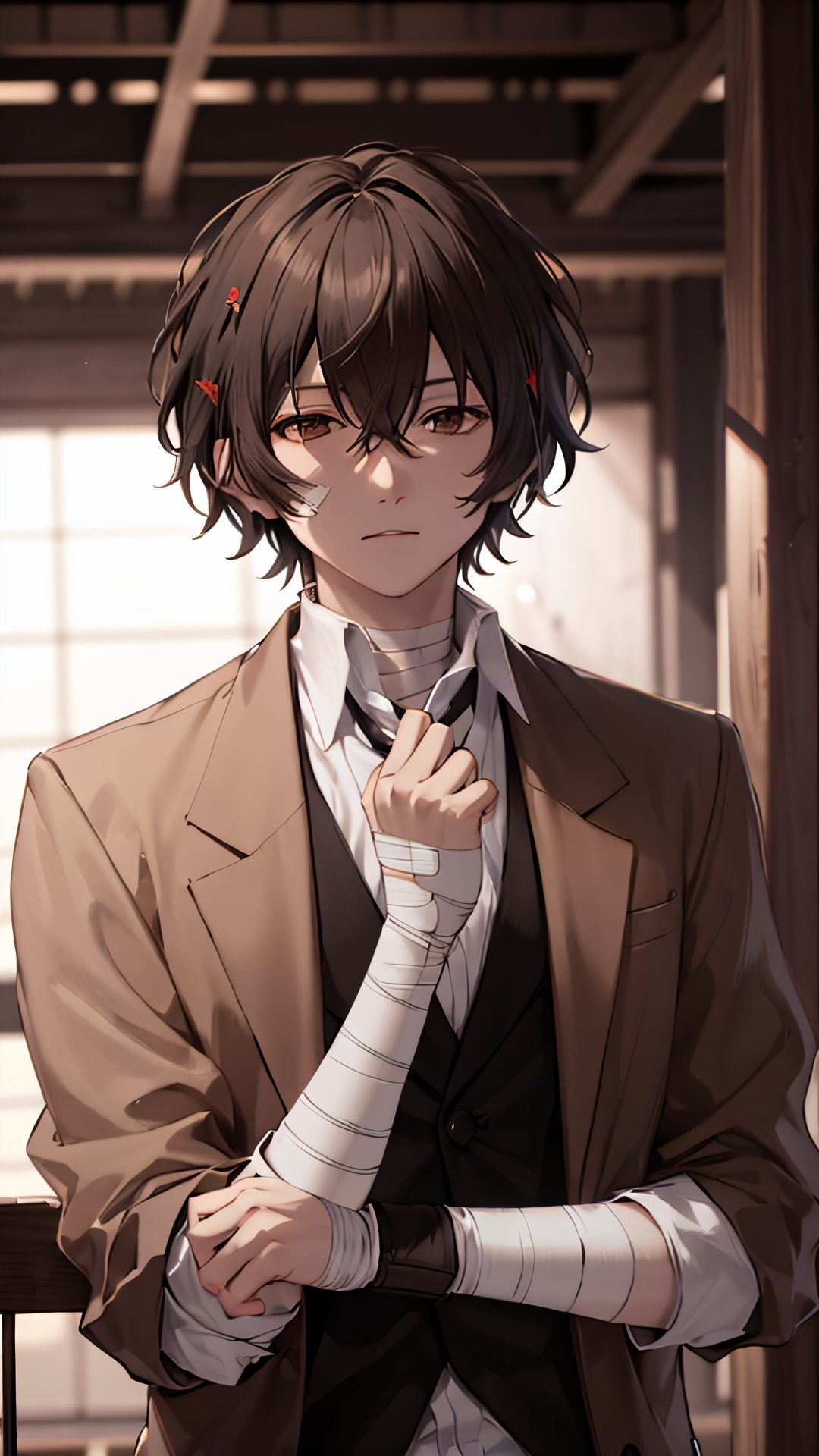 (masterpiece, best quality:1.2), , upper body, solo, male focus, 1boy, dazai osamu, expressionless, brown jacket, bandages,Osamu Dazai