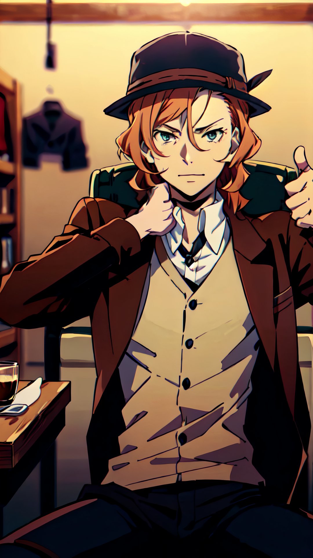 thumbs up (masterpiece, best quality: 1.2), upper body, solo, male focus, 1boy, deadpan, brown jacket, hat, cafe, sit down, drink coffee, Chuuya Nakahara