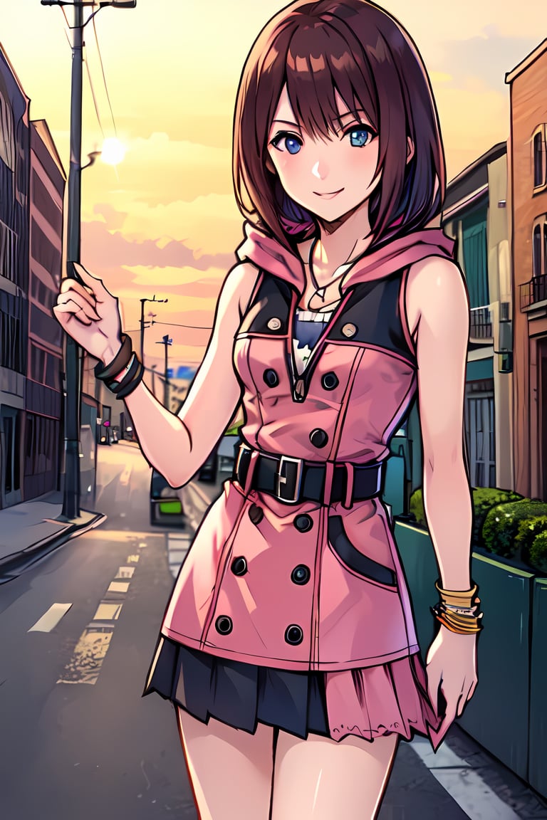 masterpiece,  best quality,  highres,  cckairi,  medium hair,  necklace,  bare shoulders,  hoodie,  buttons,  sleeveless,  bracelet,  belt buckle,  black belt,  pink skirt,  ,  standing,  cowboy shot,  town,  street,  smile,  nomura tetsuya, <lora:EMS-46474-EMS:1.000000>, , <lora:EMS-49357-EMS:0.700000>